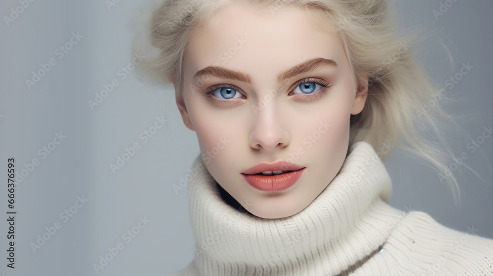 Beautiful blonde woman on a gray colored background