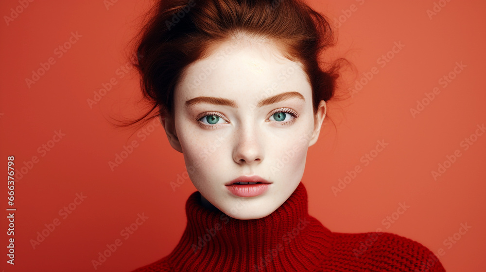 Beautiful woman in winter clothes on an a red colored background