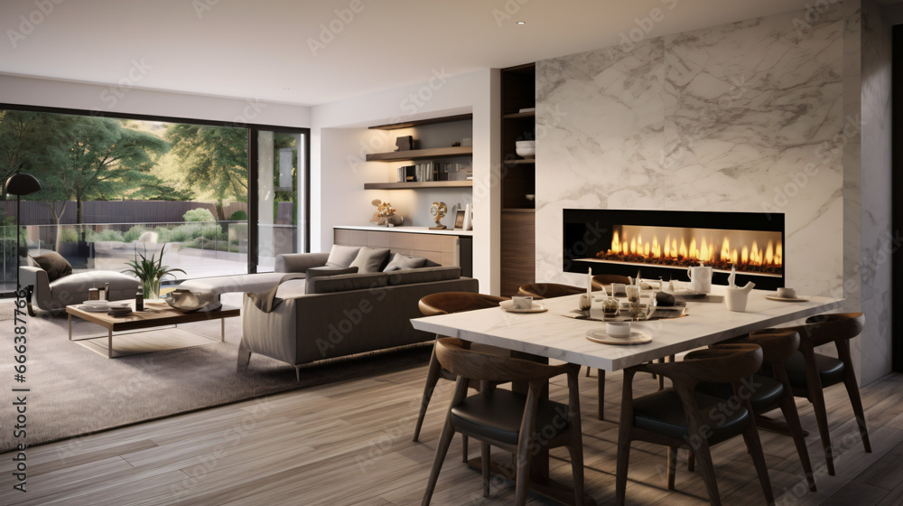 Contemporary living room with marble fireplace