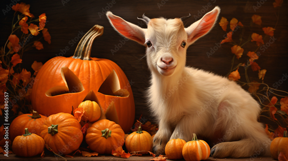 Cute goat with orange pumpkin