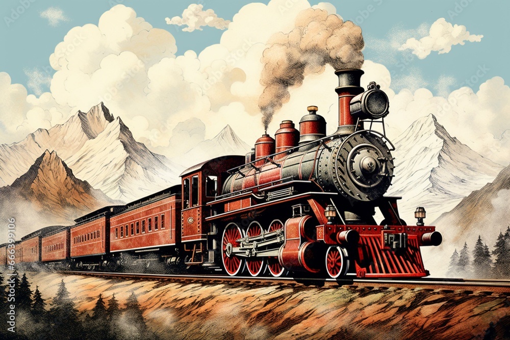 A vintage steam locomotive illustration representing railroad transportation. Generative AI