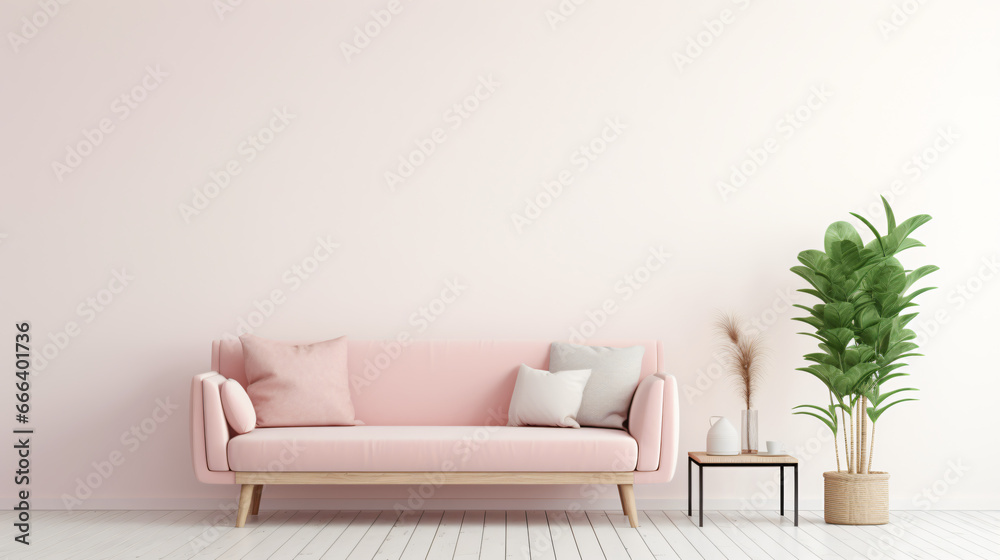 Empty white room with pastel pink sofa wooden furniture