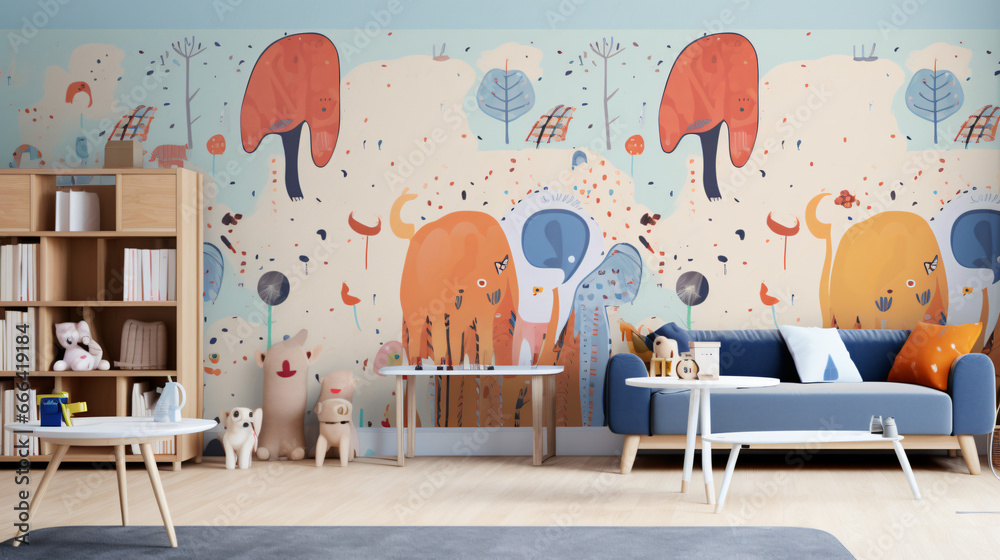 Illustrative wallpaper mockup in a kids room.