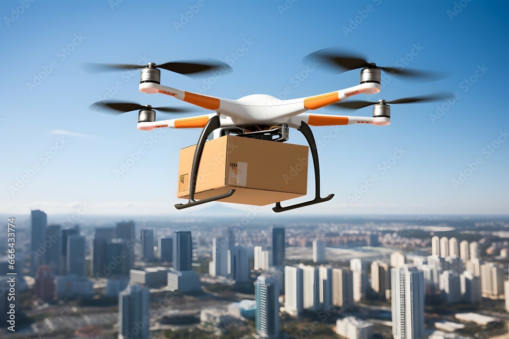 delivery drone delivering package over the city