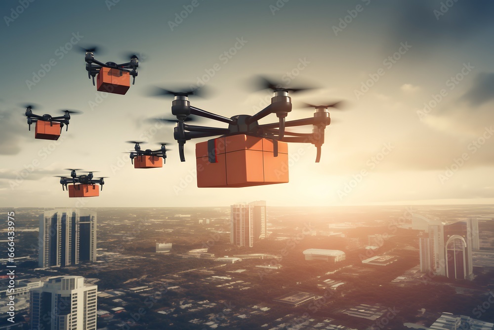 a flock of delivery drones delivering package over the city