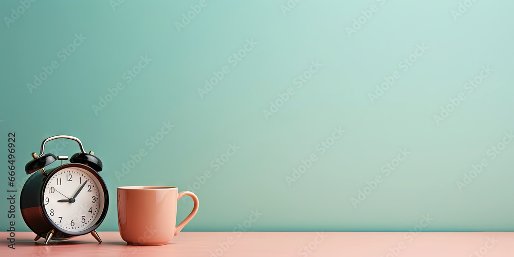 Vintage alarm clock and cup of coffee on the uniform pastel backdrop with a copy space. Generative AI