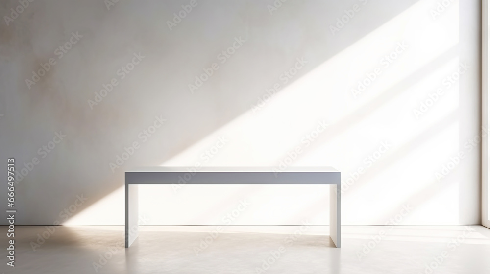 White empty room with table, light background with shadows, sunlight Minimalistic concept. Generative AI