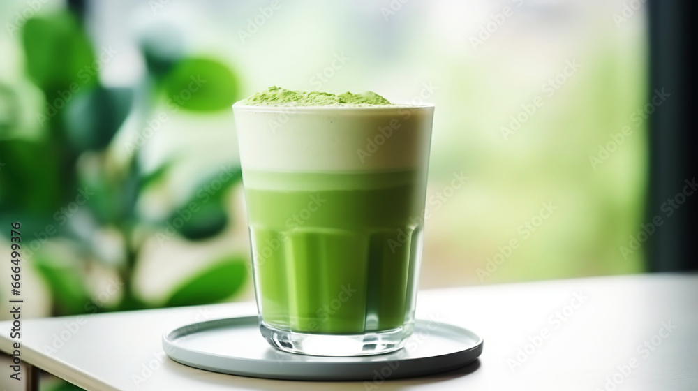 Closeup of iced matcha latte in a stylish glass on sunny background in front of the window in a cafe. Generative AI