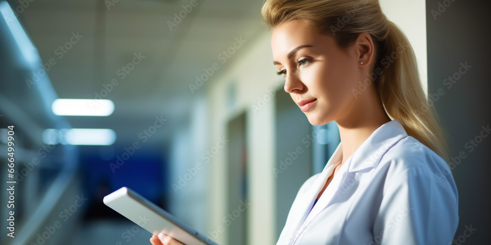 Medical hospital portrait: Confident female medical doctor using tablet . Healthcare concept. Generative AI