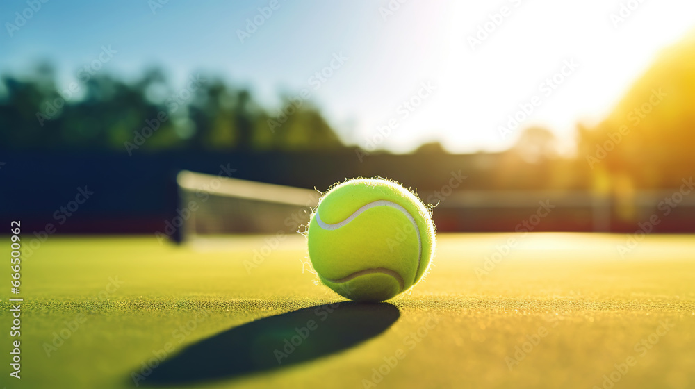 Closeup of tennis ball on empty court. Tennis match on sunny day. Concept of a sporty lifestyle. Generative AI