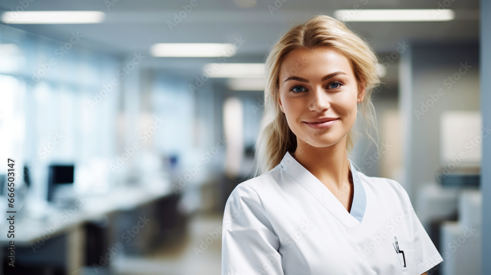 Beautiful female healthcare worker. Doctor or nurse in white coat. Medical concept. Generative AI