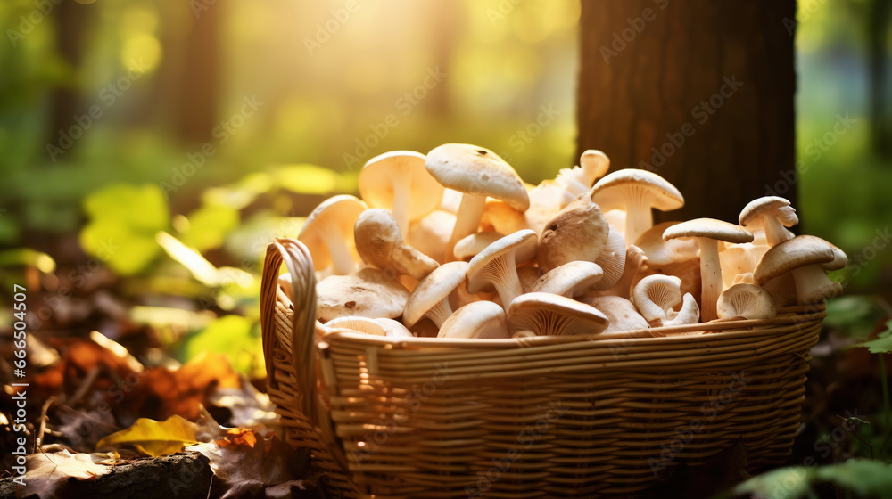 Oyster mushrooms in a wooden basket on a blurred background of the autumn forest. Generative AI