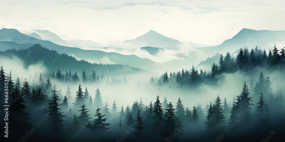 Misty mountain landscape with fir forest in vintage retro style. Generative AI