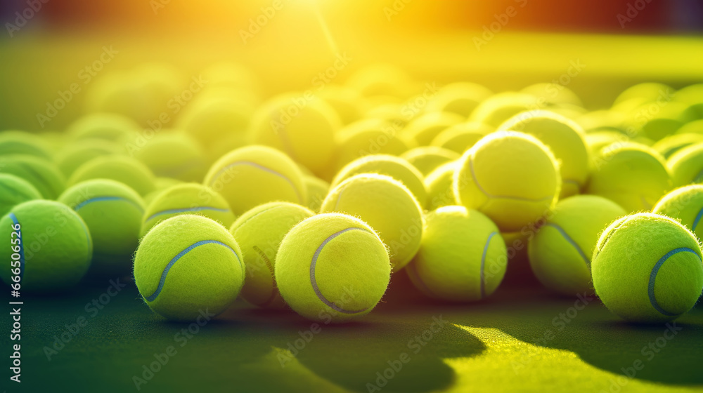 Closeup of a plenty of tennis balls on an empty tennis court, the sunshine. Sports lifestyle concept. Generative AI