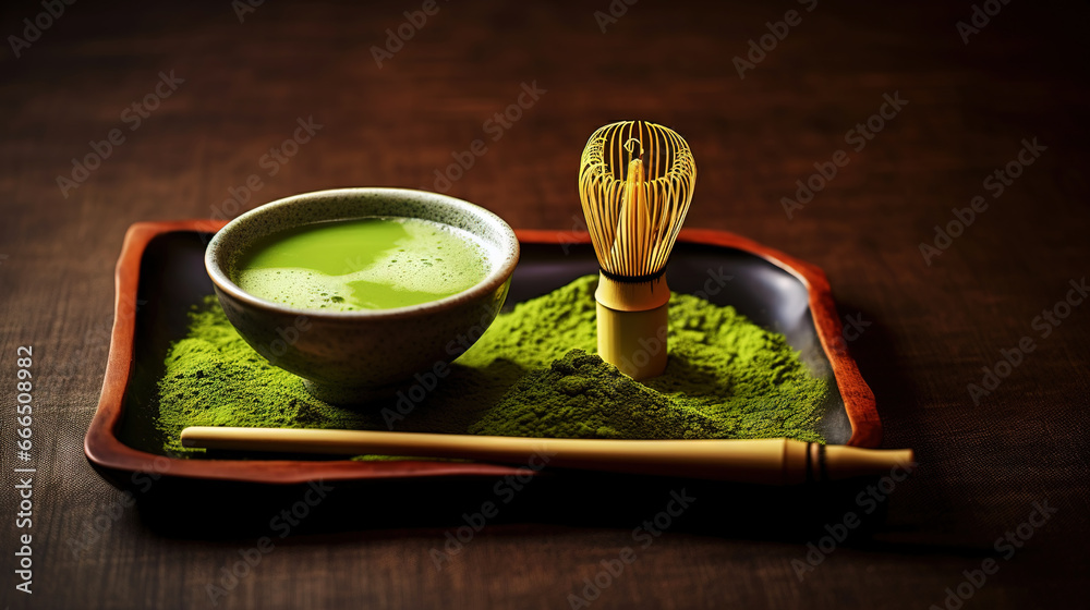 Closeup of matcha tea powder in a wooden plate with whisk on dark background, side view, copy space. Generative AI