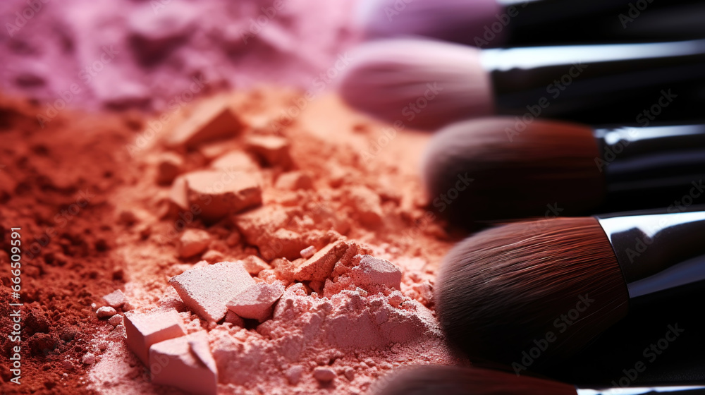 Variety pallet of broken makeup powder and blusher with soft brushes. Sample cosmetics concept. Generative AI