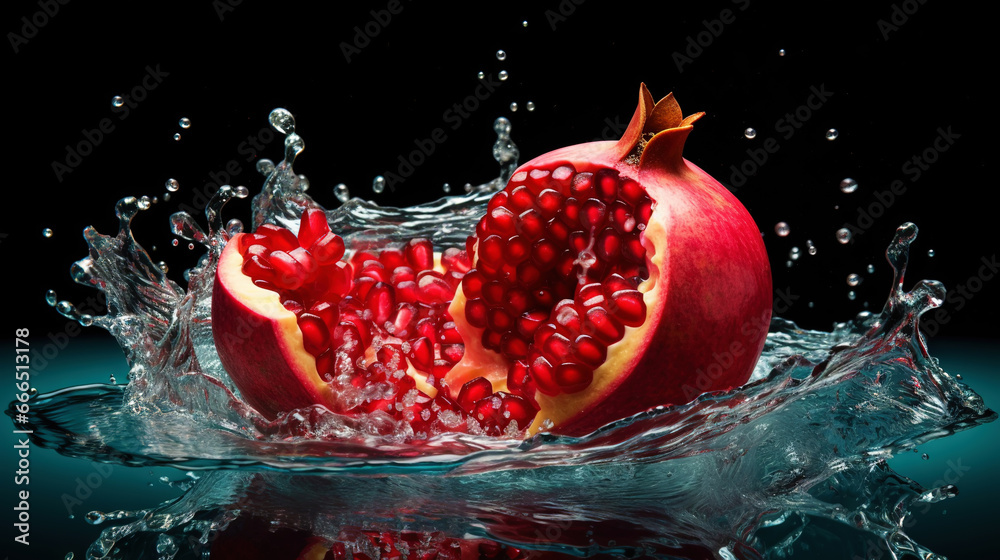 Fresh pomegranates with water splashes on black background. Generative AI