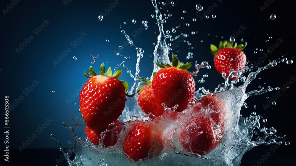 Fresh strawberry with water splashes on dark background. Generative AI