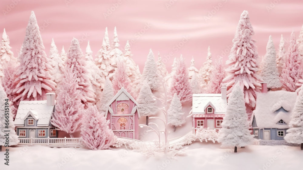 Winter cute town with snow-covered street and cozy houses. Town landscape background, greeting card. Generative AI