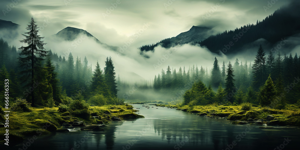 Misty mountain landscape with fir forest and river in vintage retro style. Generative AI