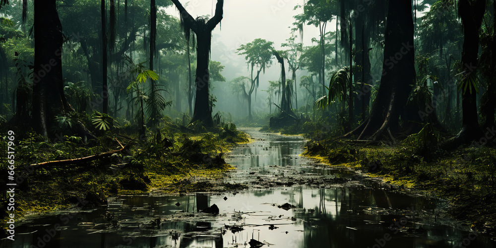 Swamp forest with a light mist. Quagmire in the spring green forest. Generative AI