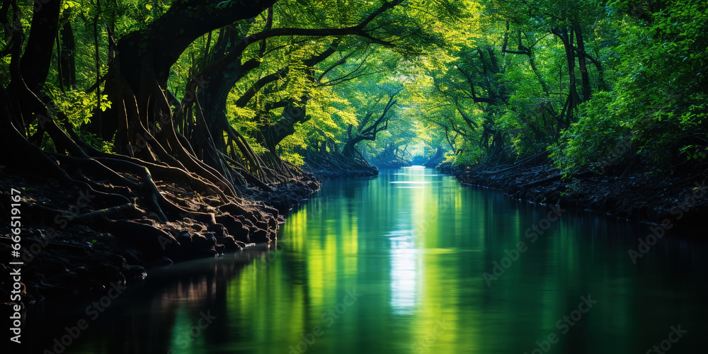 Mangrove forest and calm river in the morning. Minimalist landscape. Generative AI