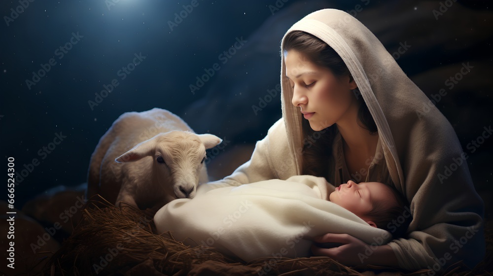 Bible scene with the Virgin Mary and newborn Jesus Christ in a humble manger. Essence of the holy birth, with Marys loving gaze on her son, symbolizing peace, love, and the beginning of Christianity