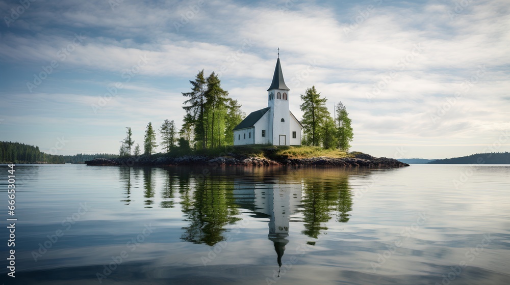 Quaint and simple Lutheran church surrounded by a serene body of water. The water could be a sea, ocean, or lake, adding to the tranquility of the scene. Minimalist architecture and natural beauty