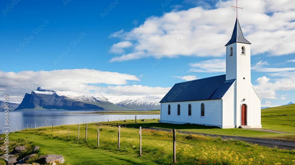 Quaint and simple Lutheran church surrounded by a serene body of water. The water could be a sea, ocean, or lake, adding to the tranquility of the scene. Minimalist architecture and natural beauty