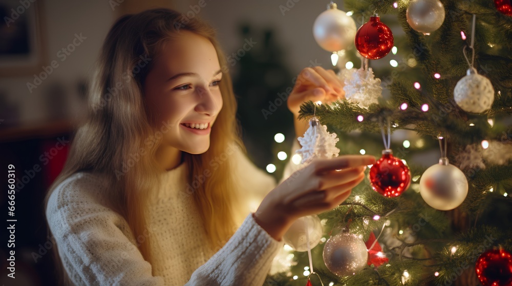 Cute girl is decorating a lush Christmas tree. Children in home with festive spirit and warmth in advent season. Hanging ornaments, lights, and tinsel, creating a beautiful holiday atmosphere.