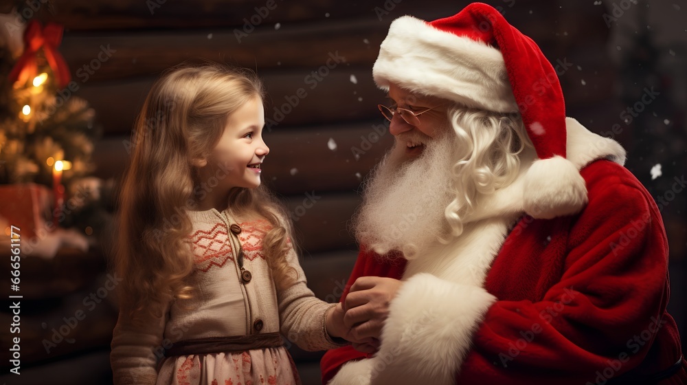 Little girl engaging in a delightful conversation with Santa Claus. Magical moment for kids and children in Christmas season embodying the spirit of the holiday season.