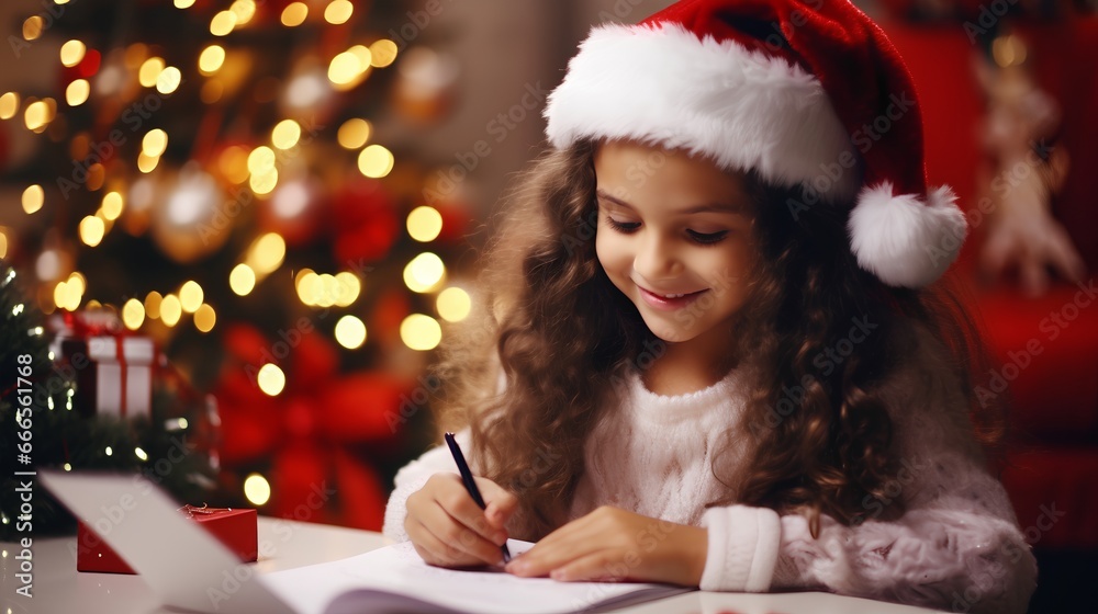 Cute little girl is writing wishlist letter to Santa Claus. She is near beautifully decorated Christmas tree, surrounded by a warm and festive twinkling lights holiday ambiance. Children happiness.