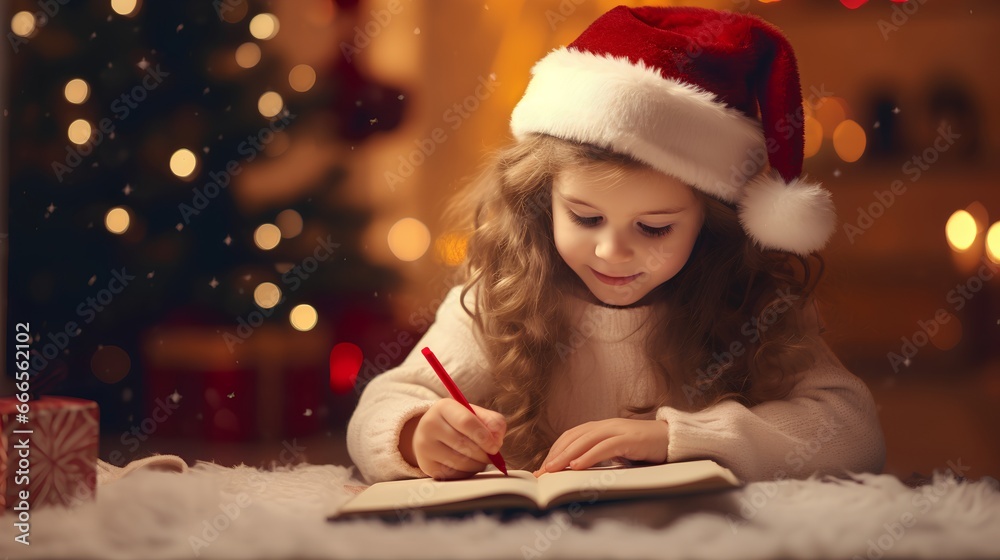 Cute little girl is writing wishlist letter to Santa Claus. She is near beautifully decorated Christmas tree, surrounded by a warm and festive twinkling lights holiday ambiance. Children happiness.