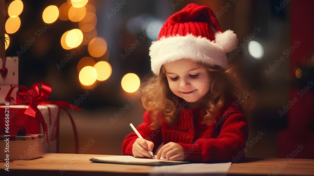 Cute little girl is writing wishlist letter to Santa Claus. She is near beautifully decorated Christmas tree, surrounded by a warm and festive twinkling lights holiday ambiance. Children happiness.