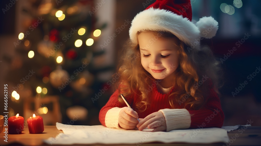 Cute little girl is writing wishlist letter to Santa Claus. She is near beautifully decorated Christmas tree, surrounded by a warm and festive twinkling lights holiday ambiance. Children happiness.