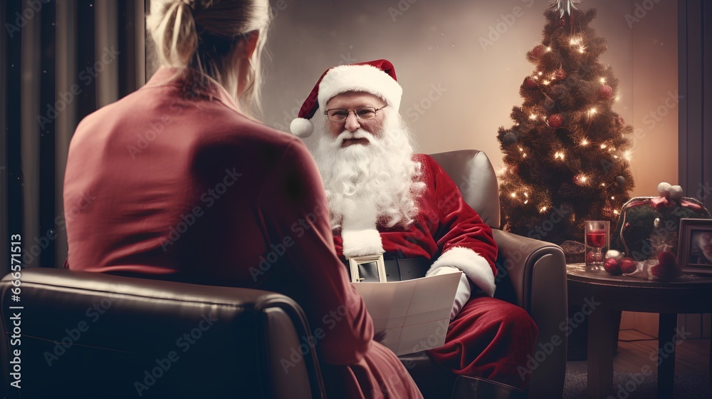 Santa Claus in a psychotherapy room with deep conversation to therapist or psychologist. Stressful Christmas season, with the rush of buying and wrapping presents and gifts, even for Santa himself.