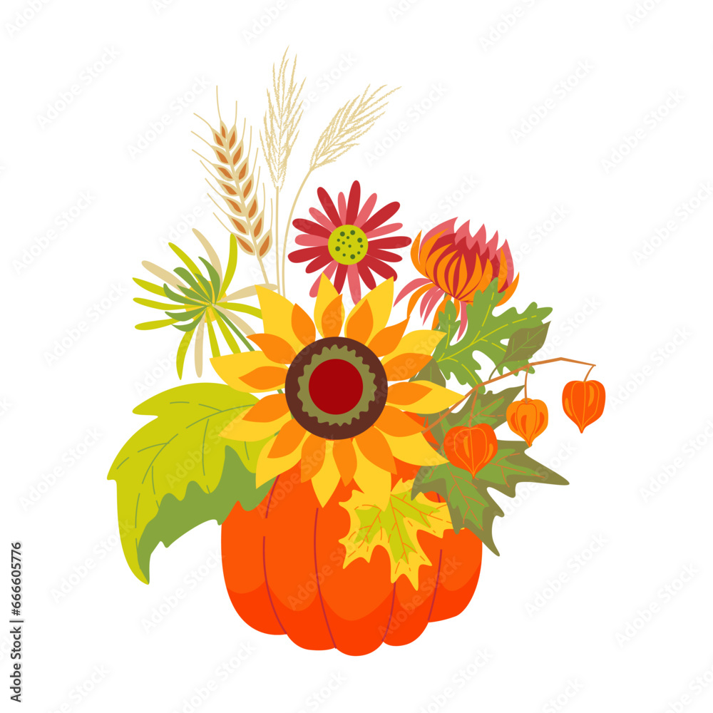 Autumn floral composition with pumpkin. Vector isolated color illustration