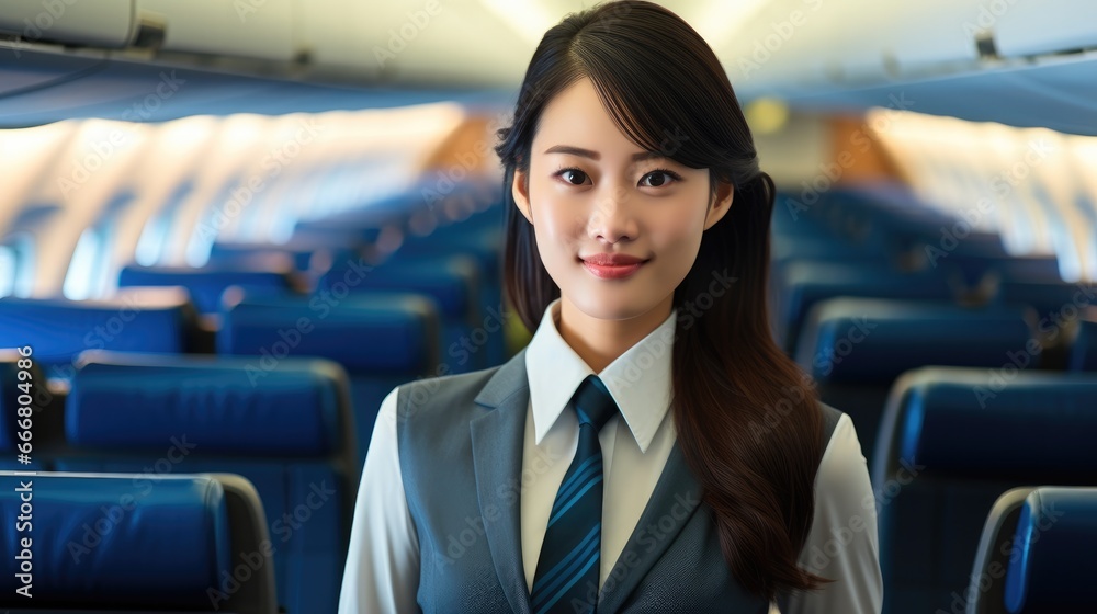 Portrait of smiling air stewardess in airplane.