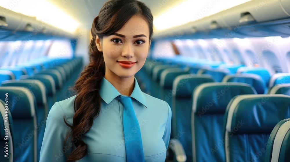 Portrait of smiling air stewardess in airplane.