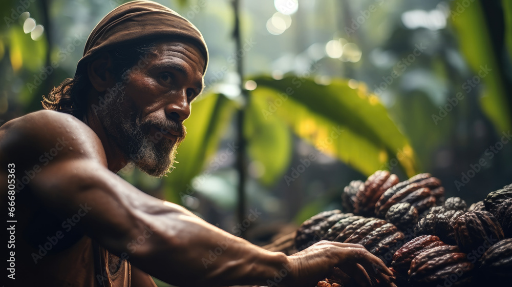 Farmer working in cocoa orchard.