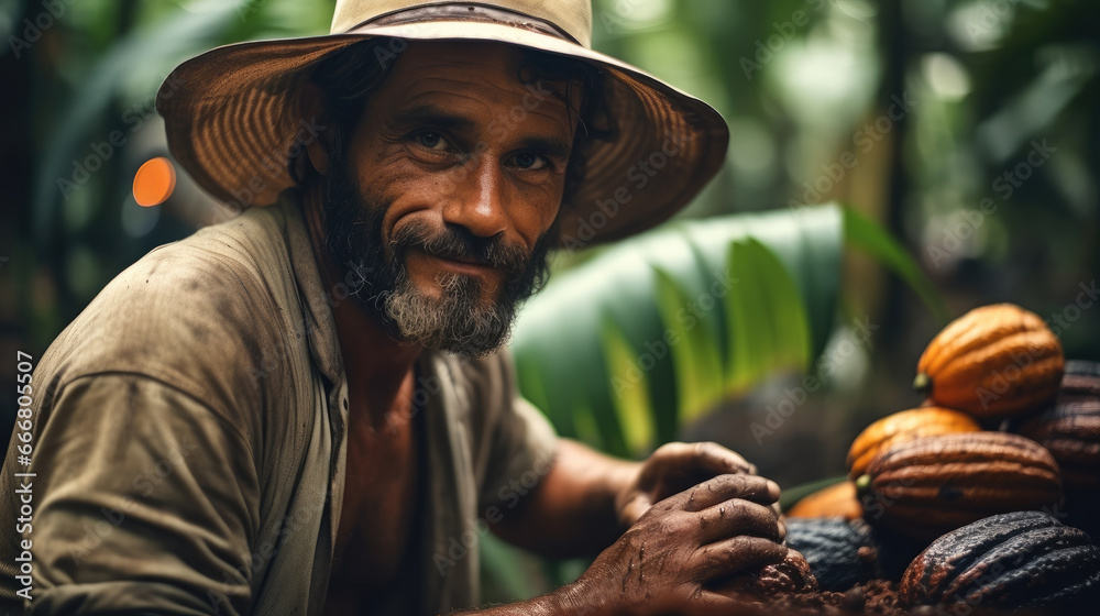 Farmer working in cocoa orchard.