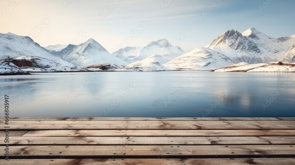 Empty top wooden boards table with Arctic sea and some snow covered mountains background, Winter weather product display.