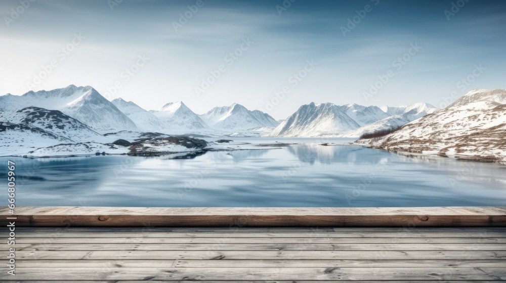 Empty top wooden boards table with Arctic sea and some snow covered mountains background, Winter weather product display.