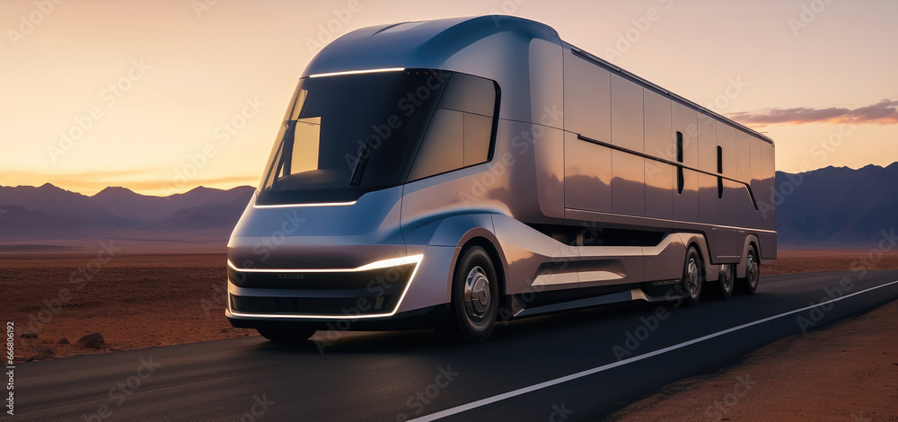 Futuristic truck driving on road in desert landscape