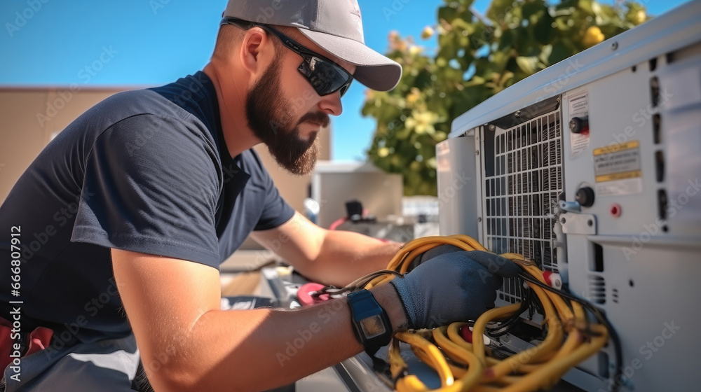 Air conditioner repairman works on home unit.