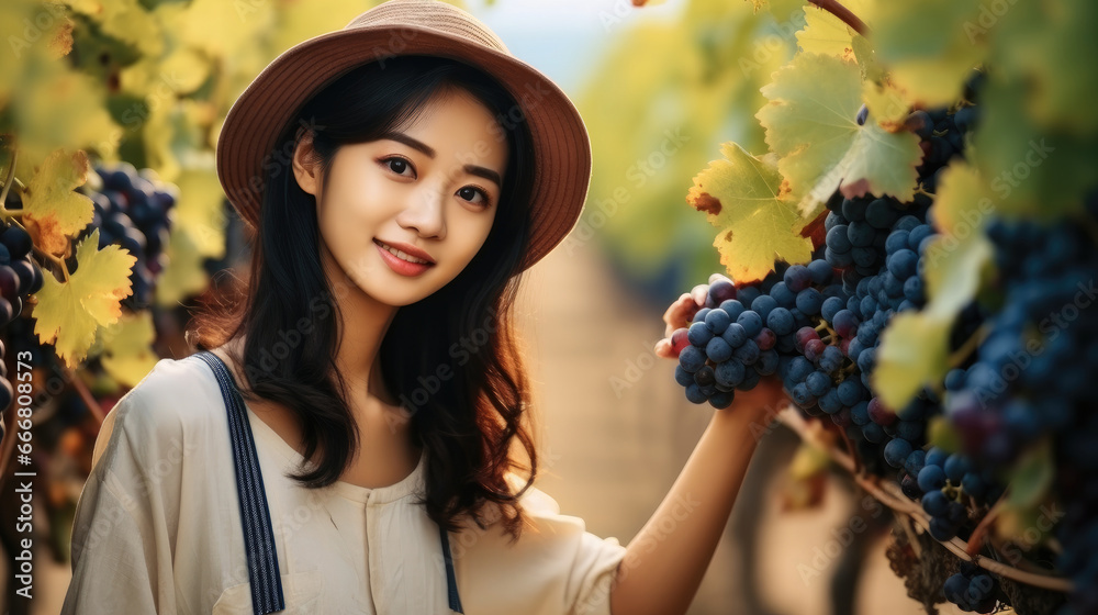 Young Asian woman working in vineyard, Production of wine from grapes.