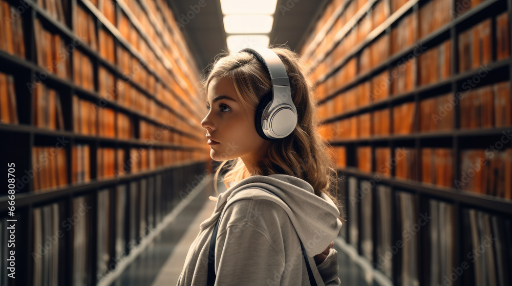 Young girl with headphones on her head standing in large library.