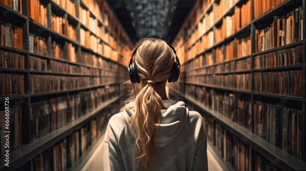 Young girl with headphones on her head standing in large library.