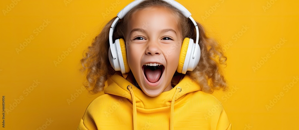 Surprised blonde girl studying online in headphones and a yellow sweater