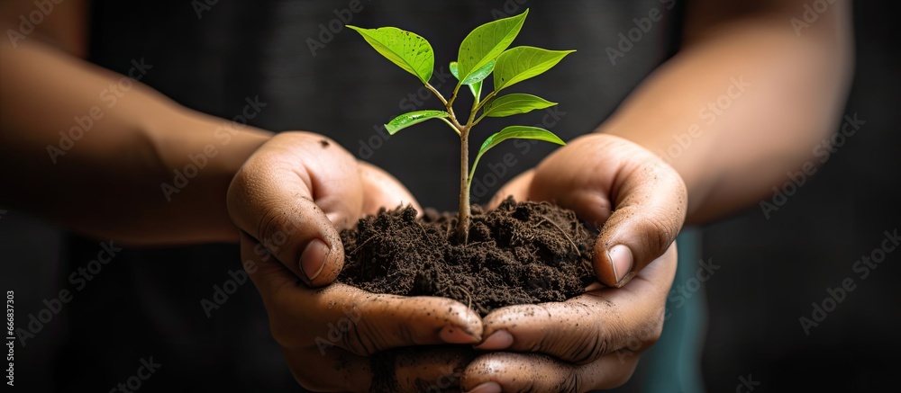 Sustainable environment concept with trees growing on volunteers hands